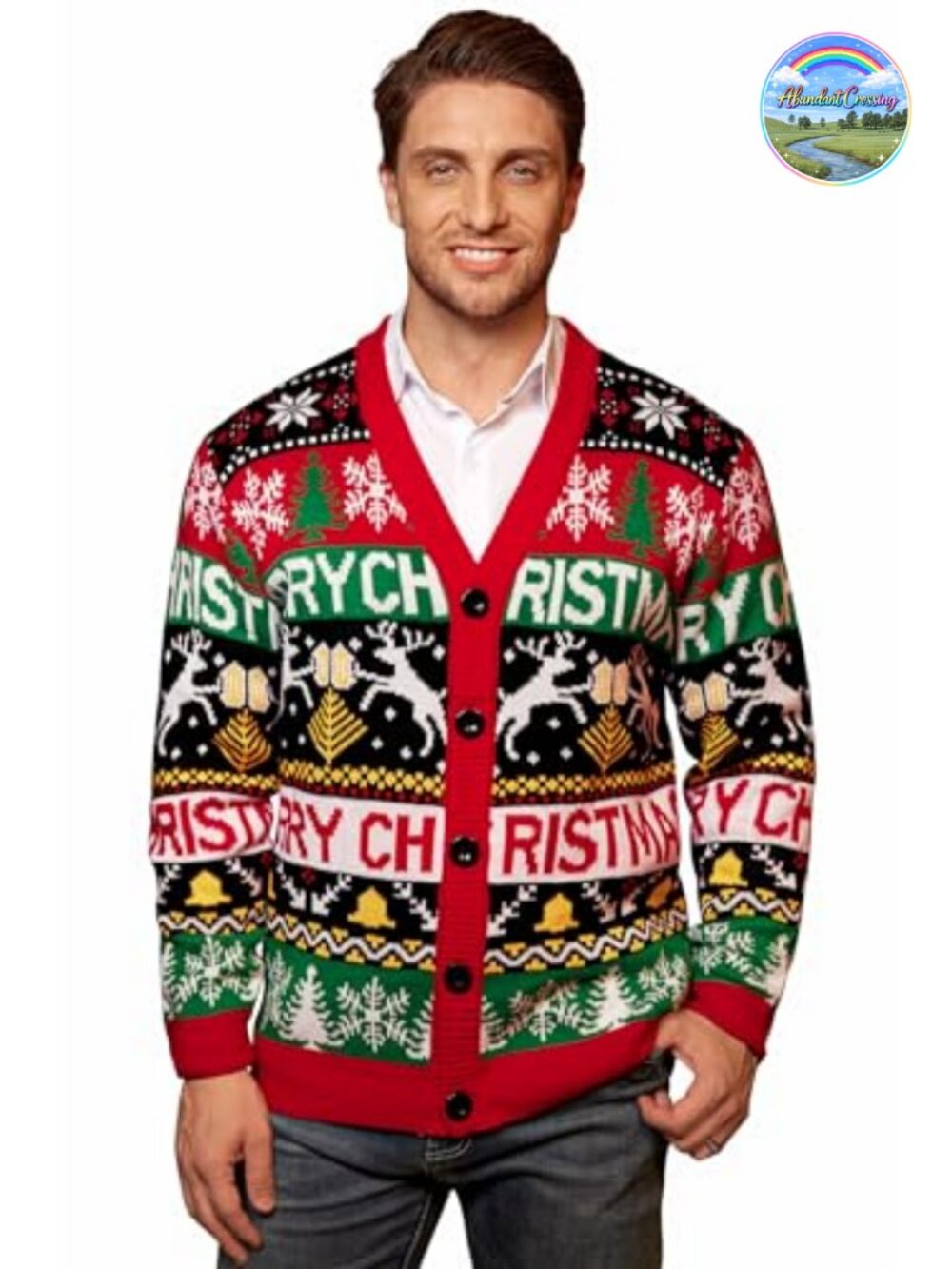 Arvilhill Men's Christmas Cardigan Merry Xmas V Neck Button Knitted Sweater